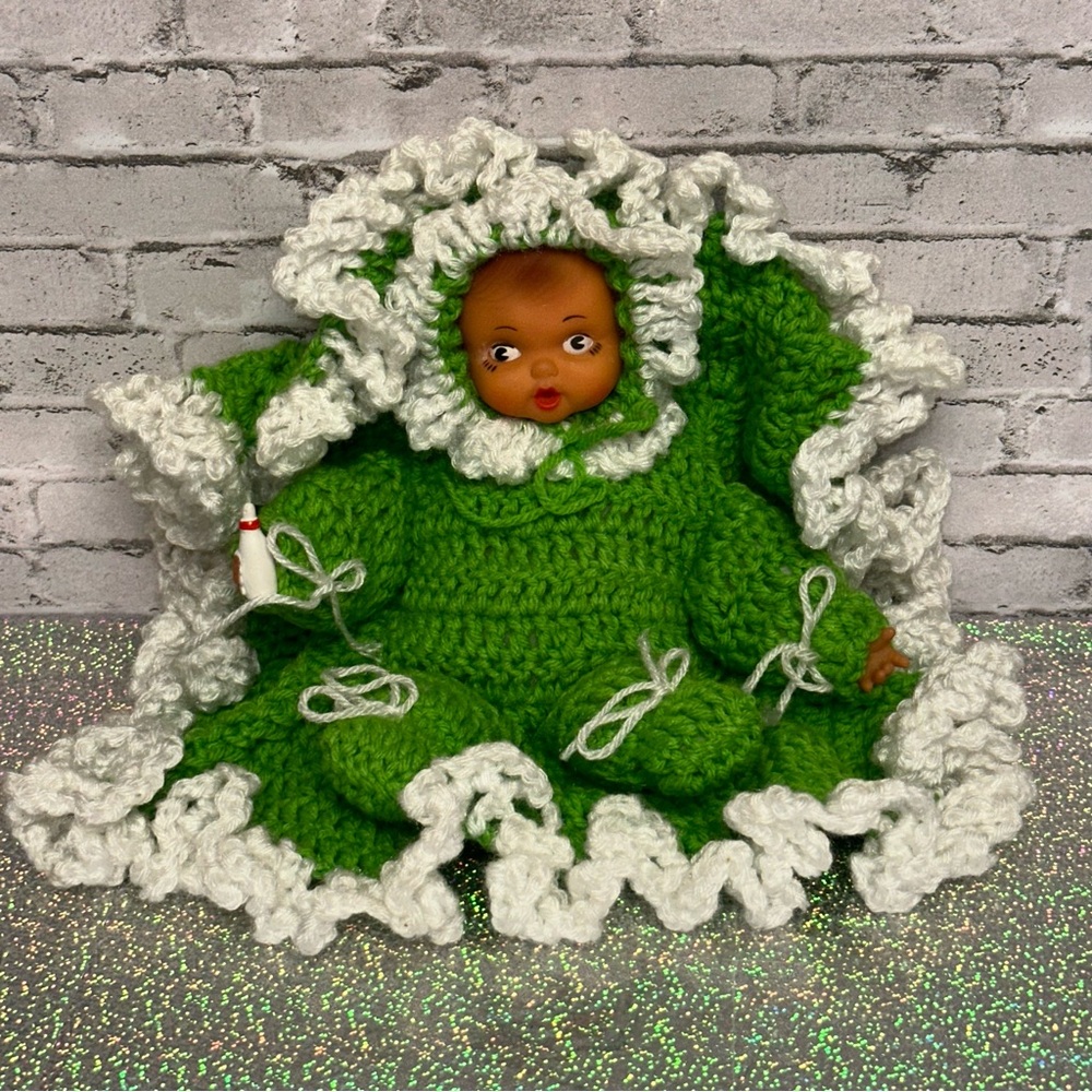 Vintage Crochet Doll Bottle Green White Thumb Sucking Blanket Handmade - Picture 13 of 13